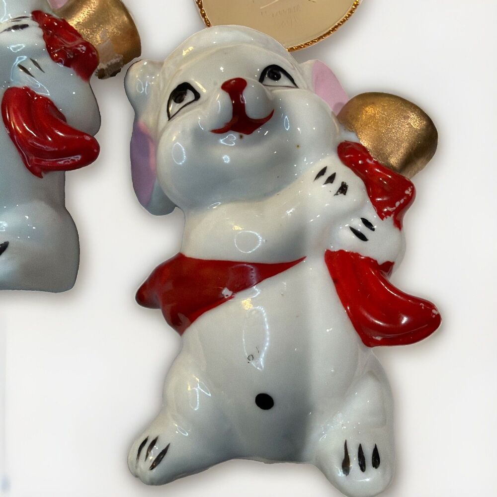 VTG Lot of 2 Cute Porcelain Christmas Mice ORNAMENTS Holding Golden Bells